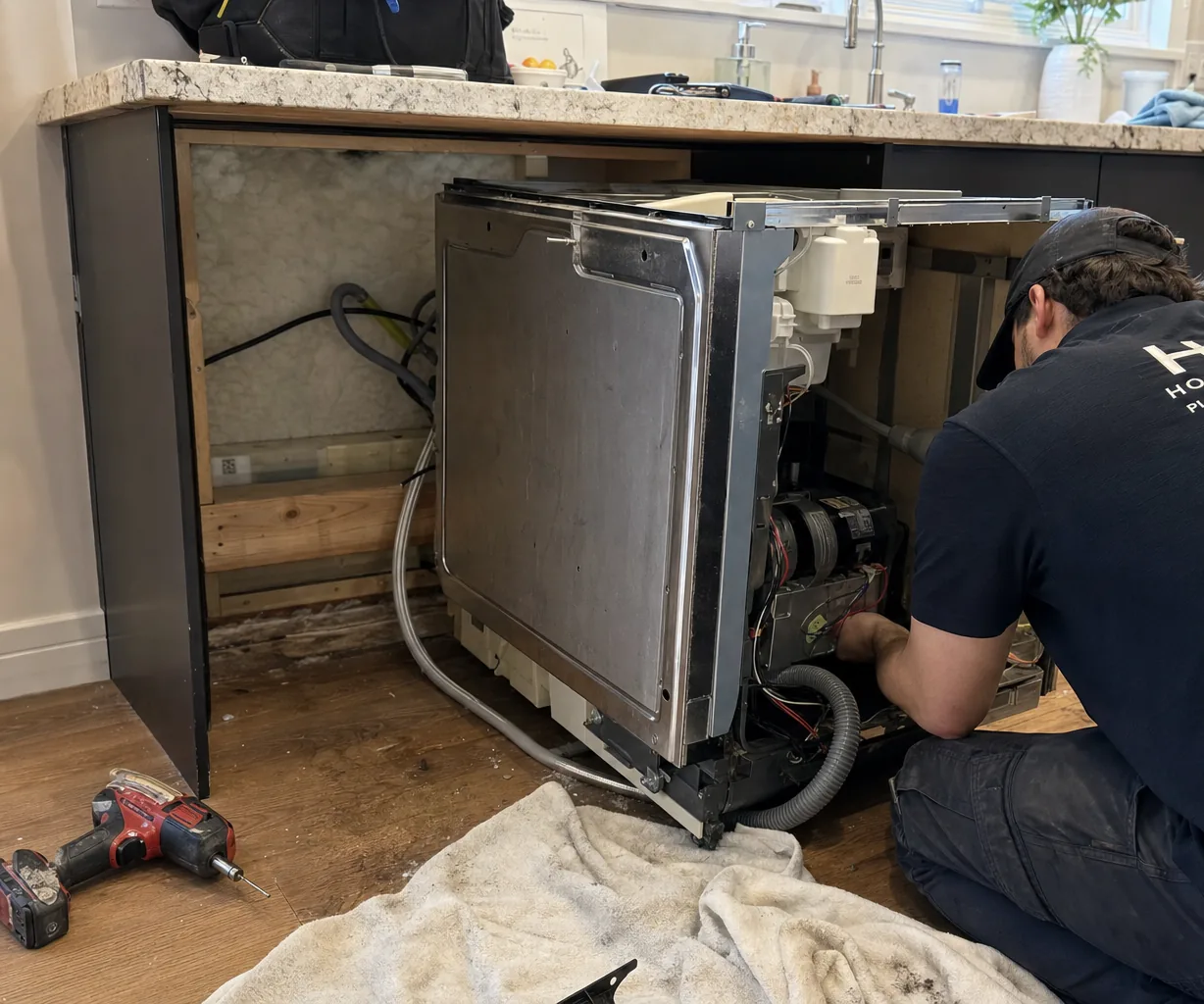 Technician servicing a built-in dishwasher on a same-day visit