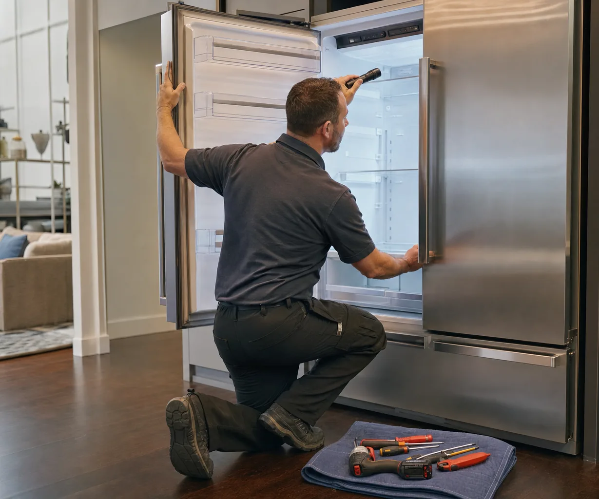 Technician repairing a built-in refrigerator in a New Canaan kitchen