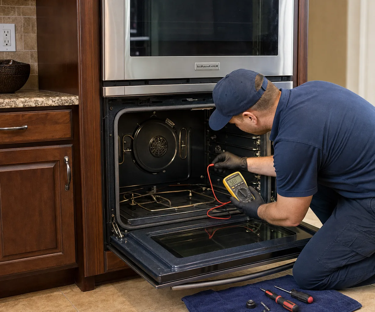 Technician servicing a built-in wall oven mid-repair